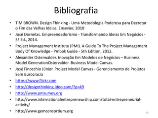 Bibliografia
• TIM BROWN. Design Thinking - Uma Metodologia Poderosa para Decretar
o Fim das Velhas Ideias. Ensevier, 2010
• José Dornelas. Empreendedorismo - Transformando Ideias Em Negócios -
5ª Ed., 2014.
• Project Management Institute (PMI). A Guide To The Project Management
Body Of Knowledge - Pmbok Guide - 5th Edition, 2013.
• Alexander Osterwalder. Inovação Em Modelos de Negócios – Business
Model GenerationOstervalder. Business Model Canvas.
• José Finocchio Júnior. Project Model Canvas - Gerenciamento de Projetos
Sem Burocracia
• https://www.flickr.com
• http://designthinking.ideo.com/?p=49
• http://www.pmsurvey.org
• http://www.internationalentrepreneurship.com/total-entrepreneurial-
activity/
• http://www.gemconsortium.org 35
 