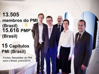 13.505
membros do PMI
(Brasil)
15.616 PMP’s
(Brasil)
15 Capítulos
PMI (Brasil)
Fontes: Newsletter do PMI
para o Brasil, junho/2014
 