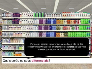 Quais serão os seus diferenciais?
Por que	as	pessoas comprariam na sua loja e	não na dos	
concorrentes?	O	que	elas enxergam como valores no	que	você
oferece que	se	tornam fortes	atrativos?		
 