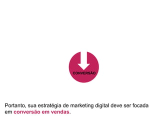 Portanto, sua estratégia de marketing digital deve ser focada
em conversão em vendas.
CONVERSÃO
 
