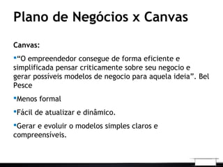 Plano de Negócios x Canvas
Canvas:
“O empreendedor consegue de forma eficiente e
simplificada pensar criticamente sobre seu negocio e
gerar possíveis modelos de negocio para aquela ideia”. Bel
Pesce
Menos formal
Fácil de atualizar e dinâmico.
Gerar e evoluir o modelos simples claros e
compreensíveis.
 