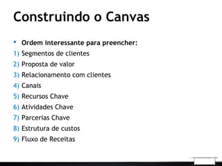 Construindo o Canvas
 Ordem interessante para preencher:
1) Segmentos de clientes
2) Proposta de valor
3) Relacionamento com clientes
4) Canais
5) Recursos Chave
6) Atividades Chave
7) Parcerias Chave
8) Estrutura de custos
9) Fluxo de Receitas
 