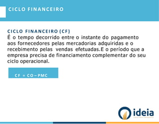 C I C LO FINANCEIRO ( C F )
É o tempo decorrido entre o instante do pagamento
aos fornecedores pelas mercadorias adquiridas e o
recebimento pelas vendas efetuadas.E o período que a
empresa precisa de financiamento complementar do seu
ciclo operacional.
C I C L O FINANCEIRO
C F = C O – PMC
 