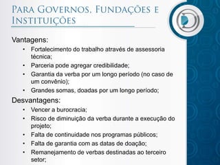 Vantagens:
• Fortalecimento do trabalho através de assessoria
técnica;
• Parceria pode agregar credibilidade;
• Garantia da verba por um longo período (no caso de
um convênio);
• Grandes somas, doadas por um longo período;

Desvantagens:
• Vencer a burocracia;
• Risco de diminuição da verba durante a execução do
projeto;
• Falta de continuidade nos programas públicos;
• Falta de garantia com as datas de doação;
• Remanejamento de verbas destinadas ao terceiro
setor;

 