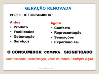 Profº Anderson luiss13Tendências do Mercado de Serviços	Até então o cliente “compra: a satisfação dos seus  DESEJOSESQUEÇA!!Compra ATENDIMENTO?O cliente quer :	EXPERIÊNCIA AUTÊNTICAVALORES DO SEU HOTEL                   