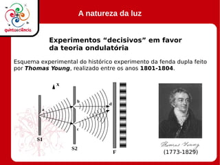 A natureza da luz
Experimentos “decisivos” em favor
da teoria ondulatória
(1773-1829)
Esquema experimental do histórico experimento da fenda dupla feito
por Thomas Young, realizado entre os anos 1801-1804.
 