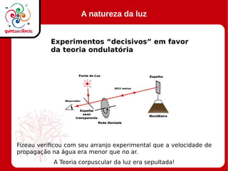 A natureza da luz
Experimentos “decisivos” em favor
da teoria ondulatória
Fizeau verificou com seu arranjo experimental que a velocidade de
propagação na água era menor que no ar.
A Teoria corpuscular da luz era sepultada!
 