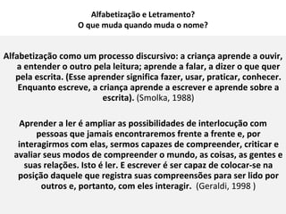Alfabetização e Letramento? O que muda quando muda o nome? Alfabetização como um processo discursivo: a criança aprende a ouvir, a entender o outro pela leitura; aprende a falar, a dizer o que quer pela escrita. (Esse aprender significa fazer, usar, praticar, conhecer. Enquanto escreve, a criança aprende a escrever e aprende sobre a escrita).  (Smolka, 1988) Aprender a ler é ampliar as possibilidades de interlocução com pessoas que jamais encontraremos frente a frente e, por interagirmos com elas, sermos capazes de compreender, criticar e avaliar seus modos de compreender o mundo, as coisas, as gentes e suas relações. Isto é ler. E escrever é ser capaz de colocar-se na posição daquele que registra suas compreensões para ser lido por outros e, portanto, com eles interagir.   (Geraldi, 1998 ) 