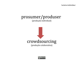 luciana moherdaui




prosumer/produser
     (produção individual)




  crowdsourcing
    (produção colaborativa)
 