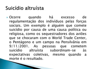 Ocorre quando há excesso de
regulamentação dos indivíduos pelas forças
sociais. Um exemplo é alguém que comete
suicídio por causa de uma causa política ou
religiosa, como os sequestradores dos aviões
que se chocaram com o World Trade Center,
o Pentágono e um campo na Pensilvânia em
9/11/2001. As pessoas que cometem
suicídio altruísta subordinam-se às
expectativas coletivas, mesmo quando a
morte é o resultado.
 