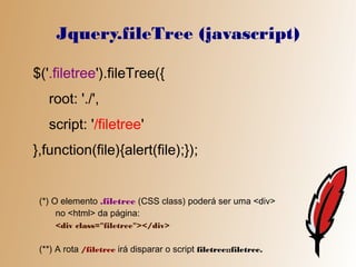 Jquery.fileTree (javascript)

$('.filetree').fileTree({
   root: './',
   script: '/filetree'
},function(file){alert(file);});


 (*) O elemento .filetree (CSS class) poderá ser uma <div>
      no <html> da página:
     <div class="filetree"></div>

 (**) A rota /filetree irá disparar o script filetree::filetree.
 