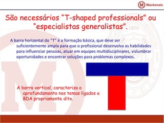 São necessários “T-shaped professionals” ou 
“especialistas generalistas”. 
A barra horizontal do “T” é a formação básica, que deve ser 
suficientemente ampla para que o profissional desenvolva as habilidades 
para influenciar pessoas, atuar em equipes multidisciplinares, vislumbrar 
oportunidades e encontrar soluções para problemas complexos. 
A barra vertical, caracteriza o 
aprofundamento nos temas ligados a 
BDA propriamente dito. 
 