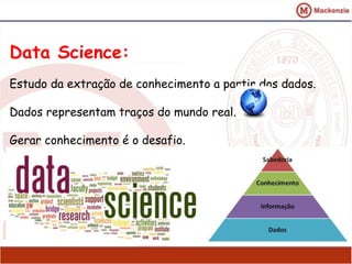 Data Science: 
Estudo da extração de conhecimento a partir dos dados. 
Dados representam traços do mundo real. 
Gerar conhecimento é o desafio. 
 