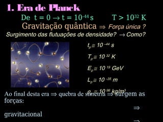 1. Era de Planck
De t = 0 → t = 10–44
s T > 1032
K
Gravitação quântica ⇒ Força única ?
Surgimento das flutuações de densidade? → Como?
tp ≅ 10 –44 s
Tp ≅ 10 32 K
Ep ≅ 10 19 GeV
Lp ≅ 10 –35 m
ρp ≅ 10 96 kg/m3
Ao final desta era ⇒ quebra de simetria ⇒ surgem as
forças:
⇒
gravitacional
 