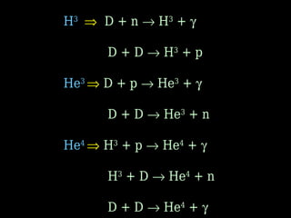 H3
⇒ D + n → H3
+ γ
D + D → H3
+ p
He3
⇒ D + p → He3
+ γ
D + D → He3
+ n
He4
⇒ H3
+ p → He4
+ γ
H3
+ D → He4
+ n
D + D → He4
+ γ
 