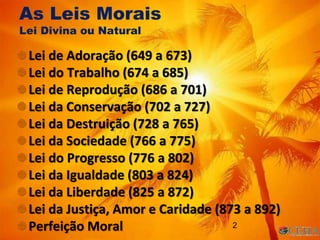 2
Lei de Adoração (649 a 673)
Lei do Trabalho (674 a 685)
Lei de Reprodução (686 a 701)
Lei da Conservação (702 a 727)
Lei da Destruição (728 a 765)
Lei da Sociedade (766 a 775)
Lei do Progresso (776 a 802)
Lei da Igualdade (803 a 824)
Lei da Liberdade (825 a 872)
Lei da Justiça, Amor e Caridade (873 a 892)
Perfeição Moral
As Leis Morais
Lei Divina ou Natural
2
 