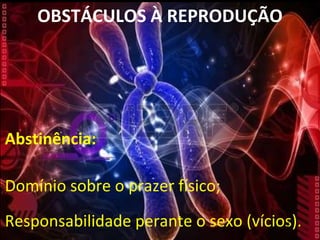 OBSTÁCULOS À REPRODUÇÃO
Abstinência:
Domínio sobre o prazer físico;
Responsabilidade perante o sexo (vícios).57
 