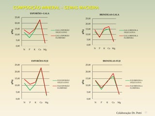 COMPOSIÇÃO MINERAL – GEMAS MACIEIRA
                   ESPORÕES -GALA
                                                                          BRINDILAS-GALA
       25,00
                                                              25,00

       20,00                                                  20,00

       15,00                                                  15,00
                                       GALA ESPORÃO                                                  GALA BRINDILA
g/Kg




                                                       g/Kg
                                       VEGETATIVO                                                    VEGETATIVA
       10,00                                                  10,00
                                       GALA ESPORÃO                                                  GALA BRINDILA
                                       FLORÍFERO                                                     FLORÍFERA
        5,00                                                   5,00

                                                               0,00
        0,00
                                                                      N   P       K   Ca Mg
               N   P     K   Ca   Mg




                       ESPORÕES-FUJI                                              BRINDILAS-FUJI
       25,00                                                  25,00


       20,00                                                  20,00


       15,00                                                  15,00
                                        FUJI ESPORÃO                                                      FUJI BRINDILA
g/Kg




                                        VEGETATIVO     g/kg                                               VEGETATIVA
       10,00                            FUJI ESPORÃO          10,00                                       FUJI BRINDILA
                                        FLORÍFERO                                                         FLORÍFERA

        5,00                                                   5,00


        0,00                                                   0,00
               N   P     K   Ca   Mg                                  N       P       K   Ca    Mg



                                                                                               Colaboração: Dr. Petri     41
 