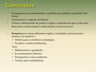    Perseguirmos incansavelmente o equilíbrio das plantas e qualidade dos
    frutos;
   Analisarmos o conjunto de fatores;
   Termos conhecimento do pomar e região e entendermos que é relevante;
   Buscarmos continuamente conhecimento e técnicas novas;

   Pesquisa para nossas diferentes regiões, variedades, porta-enxerto e
    sistema, nos ajudará a:
     Definir quais as melhores estratégias;
     Escolher o melhor fertilizante,
    Para:
     Melhorarmos a qualidade;
     Economizarmos dinheiro;
     Protegermos o meio ambiente;
     Termos mais rentabilidade.



                                                                            44
 
