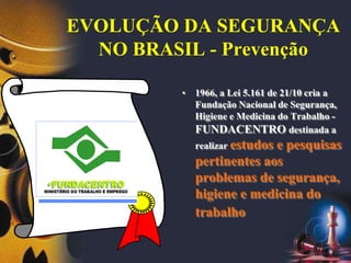 EVOLUÇÃO DA SEGURANÇA
NO BRASIL - Prevenção
• 1966, a Lei 5.161 de 21/10 cria a
Fundação Nacional de Segurança,
Higiene e Medicina do Trabalho -
FUNDACENTRO destinada a
realizar estudos e pesquisas
pertinentes aos
problemas de segurança,
higiene e medicina do
trabalho
•FUNDACENTRO
•
•FUNDACENTRO
FUNDACENTRO
MINISTÉRIO DO TRABALHO E EMPREGO
 