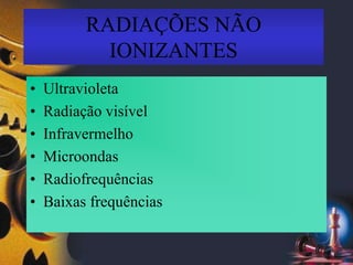 RADIAÇÕES NÃO
IONIZANTES
• Ultravioleta
• Radiação visível
• Infravermelho
• Microondas
• Radiofrequências
• Baixas frequências
 