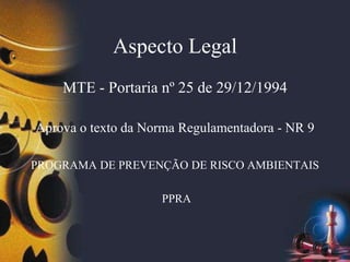 Aspecto Legal
MTE - Portaria nº 25 de 29/12/1994
Aprova o texto da Norma Regulamentadora - NR 9
PROGRAMA DE PREVENÇÃO DE RISCO AMBIENTAIS
PPRA
 