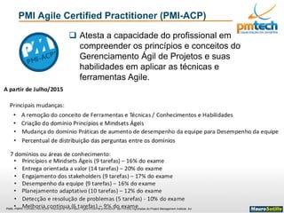 PMI®, PMP®, CAPM®, PMI-ACP®, PMI-RMP®, PMI-PBA®, PgMP® PfMP® e PMBOK® são marcas registradas do Project Management Institute, Inc
PMI Agile Certified Practitioner (PMI-ACP)
 Atesta a capacidade do profissional em
compreender os princípios e conceitos do
Gerenciamento Ágil de Projetos e suas
habilidades em aplicar as técnicas e
ferramentas Agile.
 
