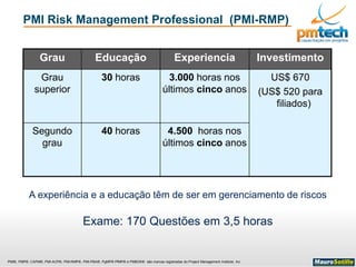 PMI®, PMP®, CAPM®, PMI-ACP®, PMI-RMP®, PMI-PBA®, PgMP® PfMP® e PMBOK® são marcas registradas do Project Management Institute, Inc
PMI Risk Management Professional (PMI-RMP)
Grau Educação Experiencia Investimento
Grau
superior
30 horas 3.000 horas nos
últimos cinco anos
US$ 670
(US$ 520 para
filiados)
Segundo
grau
40 horas 4.500 horas nos
últimos cinco anos
A experiência e a educação têm de ser em gerenciamento de riscos
Exame: 170 Questões em 3,5 horas
 