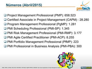 PMI®, PMP®, CAPM®, PMI-ACP®, PMI-RMP®, PMI-PBA®, PgMP® PfMP® e PMBOK® são marcas registradas do Project Management Institute, Inc
Números (Abril/2015)
 Project Management Professional (PMP): 658.523
 Certified Associate in Project Management (CAPM) : 28.280
 Program Management Professional (PgMP): 1.281
 PMI Scheduling Professional (PMI-SP): 1.345
 PMI Risk Management Professional (PMI-RMP): 3.177
 PMI Agile Certified Practitioner (PMI-ACP): 8.255
 PMI Portfolio Management Professional (PfMP): 223
 PMI Professional in Business Analysis (PMI-PBA): 300
 