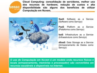 Cloud Computing: consolidação de servidores, melhor uso
         dos recursos de hardware, redução de custos e alta
         disponibilidade são alguns dos benefícios de utilizar
         Computação em Nuvem.


                                     SaaS: Software as a       Service
                                     (Software como Serviço)

                                     PaaS: Platform as a Service
                                     (Plataforma como Serviço)

                                     IaaS: Infrastructure as a Service
                                     (Infraestrutura como Serviço)

                                     dSaaS: Data Storage as a Service
                                     (Armazenamento de Dados como
                                     Serviço)




O uso de Computação em Nuvem é um modelo onde recursos físicos e
locais (armazenamento, memórias e processador) são convertidos em
recursos escaláveis e disponíveis na Internet.
 