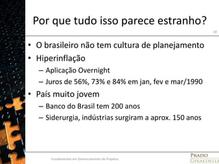 Por que tudo isso parece estranho?O brasileiro não tem cultura de planejamentoHiperinflaçãoAplicação OvernightJuros de 56%, 73% e 84% em jan, fev e mar/1990País muito jovemBanco do Brasil tem 200 anosSiderurgia, indústrias surgiram a aprox. 150 anosFundamentos em Gerenciamento de Projetos18