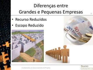Diferenças entreGrandes e Pequenas EmpresasRecurso ReduzidosEscopo ReduzidoFundamentos em Gerenciamento de Projetos21