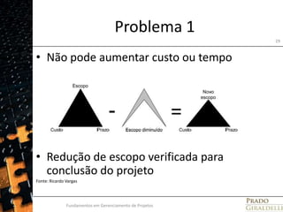 Problema 1Não pode aumentar custo ou tempoRedução de escopo verificada para conclusão do projetoFonte: Ricardo VargasFundamentos em Gerenciamento de Projetos29
