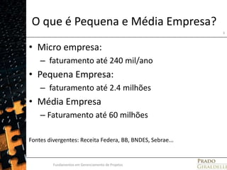 O que é Pequena e Média Empresa?Micro empresa: faturamento até 240 mil/anoPequena Empresa: faturamento até 2.4 milhões Média EmpresaFaturamento até 60 milhõesFontes divergentes: Receita Federa, BB, BNDES, Sebrae...Fundamentos em Gerenciamento de Projetos3