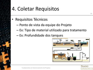 4. Coletar RequisitosRequisitos TécnicosPonto de vista da equipe do ProjetoEx: Tipo de material utilizado para tratamentoEx: Profundidade dos tanquesFundamentos em Gerenciamento de Projetos43