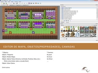 EDITOR DE MAPA, OBJETOS(PROPRIEDADES), CAMADAS
* Objetos:                                                          * Eventos:
Objeto: Teleporte.                                                  Ao pisar
Objeto: Mudar Mapa.                                                 Ao tocar
Objeto: Aplicar Status (Veneno, Confusão, Paralisia, Slow, etc.).   Ao Ativar
- Efeito como Andar sobre a escada (Stair)                          ....
Objeto: Salvar Status

Entre outros
 