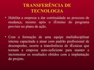 TRANSFERÊNCIA DE TECNOLOGIA Habilita a empresa a dar continuidade ao processo de mudança, mesmo após o término do programa previsto no plano de ação. Com a formação de uma equipe multidisciplinar interna capacitada a atuar com padrão profissional de desempenho, ocorre a transferência de técnicas que tornam a empresa auto-suficiente para manter e incrementar os resultados obtidos com a implantação do projeto. 