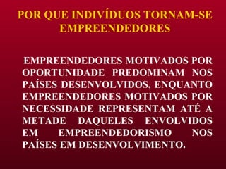 POR QUE INDIVÍDUOS TORNAM-SE EMPREENDEDORES EMPREENDEDORES MOTIVADOS POR OPORTUNIDADE PREDOMINAM NOS PAÍSES DESENVOLVIDOS, ENQUANTO EMPREENDEDORES MOTIVADOS POR NECESSIDADE REPRESENTAM ATÉ A METADE DAQUELES ENVOLVIDOS EM EMPREENDEDORISMO NOS PAÍSES EM DESENVOLVIMENTO. 