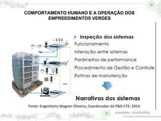 COMPORTAMENTO HUMANO E A OPERAÇÃO DOS 
EMPREEDIMENTOS VERDES 
Fonte: Engenheiro Wagner Oliveira, Coordenador de P&D CTE: 2014. 
 