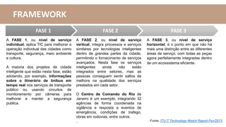 FRAMEWORK
FASE 1 FASE 2 FASE 3
A FASE 1, ou nível de serviço
individual, aplica TIC para melhorar a
operação individual das cidades como
transporte, segurança, meio ambiente
e cultura.
A maioria dos projetos de cidade
inteligente que estão nesta fase, estão
adotando, por exemplo, informações
sobre o itinerário de ônibus em
tempo real nos serviços de transporte
público ou usando circuitos de
monitoramento por câmeras para
melhorar e manter a segurança
publica.
A FASE 2, ou nível de serviço
vertical, integra processos e serviços
similares por tecnologias inteligentes
dentro de grandes partes da cidade,
permitindo o fornecimento de serviços
avançados. Nesta fase os serviços
inteligentes ainda não estão
integrados entre setores, mas as
pessoas conseguem sentir saltos de
melhora na qualidade dos serviços
prestados em cada setor.
O Centro de Comando do Rio de
Janeiro é um exemplo, integrando 32
agências de forma coordenada na
vigilância e resposta a eventos de
emergência, condições de trafego,
obras em rodovias, entre outros.
.
A FASE 3, ou nível de serviço
horizontal, é o ponto em que não há
mais uma distinção entre as diferentes
áreas de serviço, com todas as peças
agora perfeitamente integradas dentro
de um ecossistema eficiente.
Fonte: ITU-T Technology Watch Report Fev/2013
 