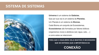 PARA QUE O EQUILÍBRIO SEJA MANTIDO É NECESSÁRIO
QUE SE ENTENDA QUE A IMPORTÂNCIA DA
CONEXÃO
SISTEMA DE SISTEMAS
Universo é um sistema de Galáxias,
Que por sua vez é um sistema de Planetas,
Um Planeta é um sistema de Biomas,
Cada Bioma um conjunto de Ecossistemas.
Ecossistemas são formados por fatores bióticos
(organismos vivos) e abióticos (sol, água, solo, ...)
e como estes se relacionam.
 
