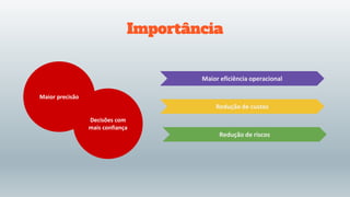 Importância
Maior precisão
Decisões com
mais confiança
Maior eficiência operacional
Redução de custos
Redução de riscos
 