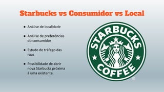 Starbucks vs Consumidor vs Local
● Análise de localidade
● Análise de preferências
do consumidor
● Estudo de tráfego das
ruas
● Possibilidade de abrir
nova Starbucks próxima
à uma existente.
 