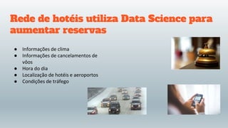 Rede de hotéis utiliza Data Science para
aumentar reservas
● Informações de clima
● Informações de cancelamentos de
vôos
● Hora do dia
● Localização de hotéis e aeroportos
● Condições de tráfego
 
