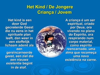 Het Kind / De JongereHet Kind / De Jongere
CrianCriançça / Jovema / Jovem
Het kind is eenHet kind is een
door Goddoor God
gecreëerde Geestgecreëerde Geest
die nu eens in hetdie nu eens in het
spirituele planspirituele plan
leeft, dan weer inleeft, dan weer in
een stoffelijkeen stoffelijk
lichaam ademt alslichaam ademt als
eeneen
gereïncarneerdegereïncarneerde
geest, een ziel diegeest, een ziel die
een nieuweeen nieuwe
existentie begintexistentie begint
in de stof.in de stof.
A criança é um serA criança é um ser
espiritual, criadoespiritual, criado
por Deus, orapor Deus, ora
vivendo no planovivendo no plano
do Espírito, orado Espírito, ora
respirando numrespirando num
corpo material,corpo material,
como espíritocomo espírito
reencarnado, umareencarnado, uma
alma que recomeçaalma que recomeça
uma novauma nova
existência na carne.existência na carne.
 