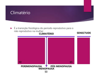 Climatério
 É a transição fisiológica do período reprodutivo para o
não reprodutivo na mulher
PERIMENOPAUSA PÓS MENOPAUSA
40 65
MENOPAUSA
50
CLIMATÉRIO SENECTUDE
 