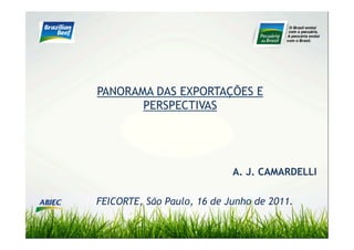 PANORAMA DAS EXPORTAÇÕES E
       PERSPECTIVAS




                            A. J. CAMARDELLI

FEICORTE, São Paulo, 16 de Junho de 2011.
 