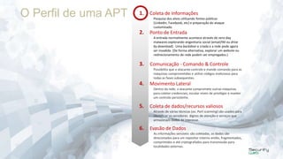 O Perfil de uma APT

1. Coleta de Informações
Pesquisa dos alvos utilisando fontes públicas
(LinkedIn, Facebook, etc) e preparação do ataque
customizado.

2. Ponto de Entrada
A entrada normalmente acontece através de zero-day
malwares explorando engenharia social (email/IM ou drive
by download). Uma backdoor e criada e a rede pode agora
ser invadida. (De forma alternativa, explorar um website ou
redirecionamento de rede podem ser empregados.)

3.

Comunicação - Comando & Controle
Possibilita que o atacante controle e mande comando para as
máquinas comprometidas e utilize códigos maliciosos para
todas as fases subsequentes.

4. Movimento Lateral
Dentro da rede, o atacante compromete outras máquinas
para coletar credenciais, escalar níveis de privilégio e manter
um controle persistente.

5. Coleta de dados/recursos valiosos
Através de várias técnicas (ex. Port scanning) são usados para
identificar os servidores dignos de atenção e serviços que
armazenam dados de interesse.

6. Evasão de Dados
As informações sensíveis são coletadas, os dados são
direcionados para um repositor interno então, fragmentados,
comprimidos e até criptografados para transmissão para
localidades externas.

 