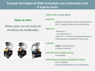 VALOR TOTAL:R$ 460.000,00 
PARCERIA: 
IntechnoDesenvolvimento e Capacitação e IFES -Instituto Federal do Espírito Santo 
PRODUTO: 
-Patentes: 3 
-Licenciamentos: 1 
-Spin-off –1 (IntechnoDesenvolvimento e Capacitação) incubada do IF Esp. Santo 
CLIENTES: 
SENAI, Universidades e Institutos Federais. 
EXPECTATIVA DE VENDAS (2014): 
25 unidades 
EXPECTATIVA DE GANHO ECONÔMICO (2014): 
R$ 2,5 Milhões 
Contrato de Royalties de 1% da Receita 
Motor de Vidro 
Motor para uso em aulas de mecânica de combustão. 
Exemplo de Projeto de PD&I Articulado com a Demanda LocalIF Espírito Santo  