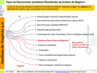 Tipos de Documentos (artefatos) Resultantes da Análise de Negócio:
                            O tipo de documento (artefato) resultante da Análise de Negócio, depende do tipo e do objetivo da
                            demanda de negócio, veja os principais tipos de documentos:



                                            TI                               Especificação Funcional / Especificação Técnica

                                                                             Documento de Visão (para ambiente que utiliza o RUP)
Analista de Negócio 3.0




                                                                             Blue Print (para ambiente ERP/SAP)

                                                                             Especificação de Requisitos

                                                                              Declaração de Visão, Road Map e Plano de Release (Método Ágil)


                                                                              Business Case (Caso de Negócio)
                                                                                                                                        Boa prática:
                                                                              Estudo de Viabilidade                                     Juntar os três em
                                                                                                                                        único documento.
                                                                               Anteprojeto

                                                                               Termo de Referência (Organização pública)

                                                                               Política ou Normativa


                                          Negócio                              Plano de Negócio / Modelo de Negócio


                          AN V 3.0 [54]   | Rildo F Santos | (@rildosan) | rildo.santos@etecnologia.com.br | www.etecnologia.com.br | http://etecnologia.ning.com   17
 
